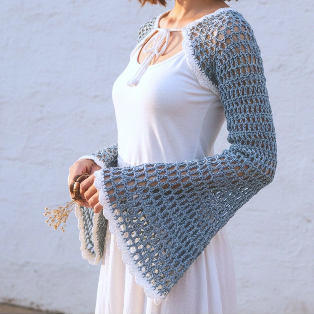 Handmade Crochet Bell Sleeve Front‎ Tie Summer Cardigan, Festival Bohemian Shrug